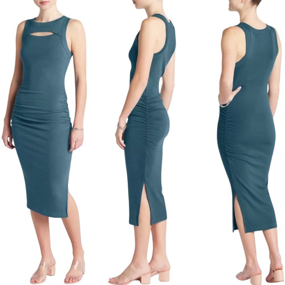Michael Stars Lucinda Ribbed Midi Dress Women's Small Blue Tank Ruched Slit NWOT